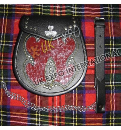 Shamrock Badge of Flap ,Red Color Crocodile Artificial PVC Shine Tribal Celt Sporran