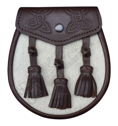 Mens Semi Dress Kilt Sporran Leather Brown & White Bovine Celtic Design Sporrans