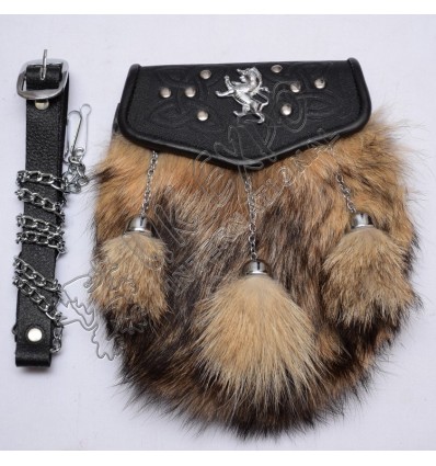 Brown Fox fur with Rampart lion on celtic embossed Semi Dress Sporrans