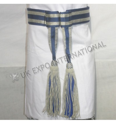 Army Sash Waist Belt Blue silk with Silver bullioln Waist Sash