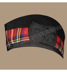Black Glengarry Hat with Royal Stewart Tartan dicing and Red pom