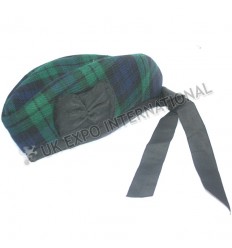 Black Glengarry Hat with Royal Stewart Tartan dicing and Red pom