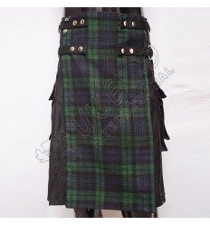 Hybrid Decent Box Pleat Utility Kilt Attached pockets Black With Purple Cotton